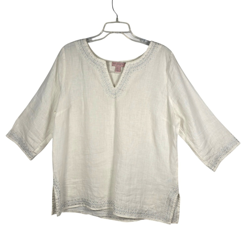 Saint Tropez West Womens White 100% Linen Silver Embroidered Tunic Top Large
